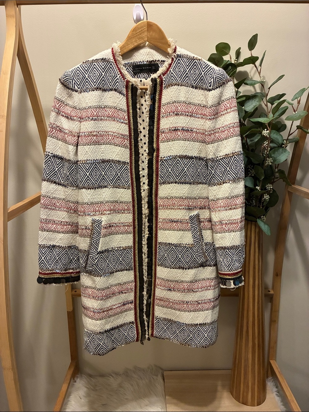 Zara Ivory Textured Stripe Long Coat with Navy & Blush Accents